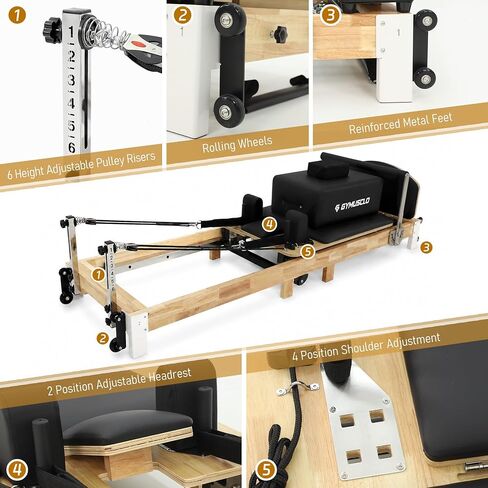 97 Inch Foldable Wooden Pilates Reformer Machine with Jump Board, Sitting Box and Yoga Block - Easy Assembly Home Gym Equipment, Solid Wood Frame, 500 LBS Capacity in Kuwait