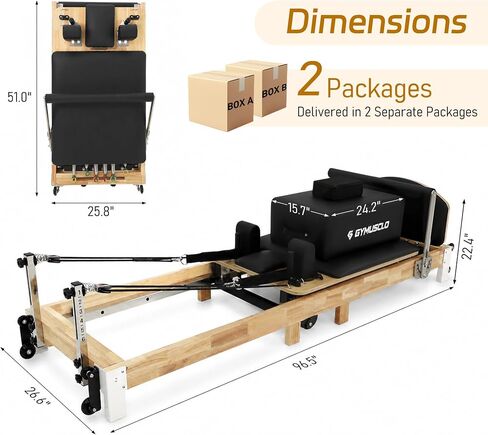 97 Inch Foldable Wooden Pilates Reformer Machine with Jump Board, Sitting Box and Yoga Block - Easy Assembly Home Gym Equipment, Solid Wood Frame, 500 LBS Capacity in Kuwait