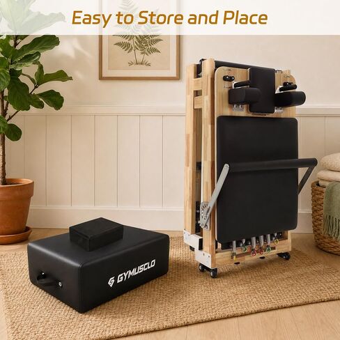 97 Inch Foldable Wooden Pilates Reformer Machine with Jump Board, Sitting Box and Yoga Block - Easy Assembly Home Gym Equipment, Solid Wood Frame, 500 LBS Capacity in Kuwait