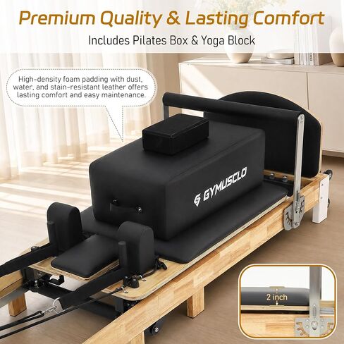 97 Inch Foldable Wooden Pilates Reformer Machine with Jump Board, Sitting Box and Yoga Block - Easy Assembly Home Gym Equipment, Solid Wood Frame, 500 LBS Capacity in Kuwait