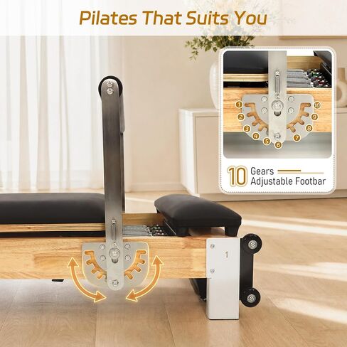 97 Inch Foldable Wooden Pilates Reformer Machine with Jump Board, Sitting Box and Yoga Block - Easy Assembly Home Gym Equipment, Solid Wood Frame, 500 LBS Capacity in Kuwait