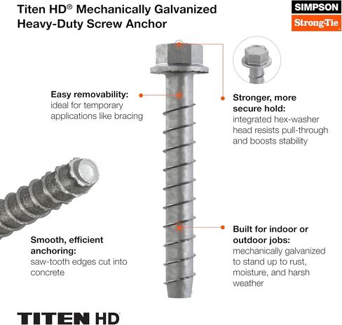Simpson Strong-Tie THD50800HMG - رأس سداسي ذو حواف 1/2 بوصة × 8 بوصة، مرساة لولبية عالية التحمل من Titen HD للخرسانة، سهلة التركيب (عبوة من 20 قطعة) in Kuwait