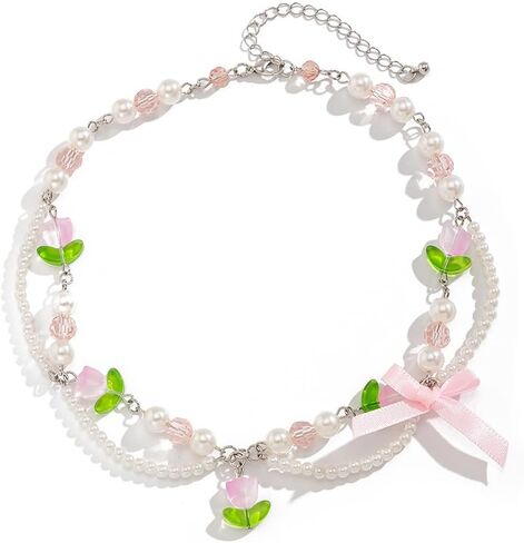 Vintage Pearl Red Strawberry Flower Choker Necklace Pink Bowknot Flower Pearl Beaded Charm Necklace for Women Y2K Pearl Bow Flower Link Chain Necklace Pearl Bow Strawberry Necklace Layered Pearl Floral Green Leaf Necklace Holiday Jewelry Birthday Gifts in Saudi Arabia