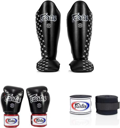 واقيات قصبة الساق الكبيرة باللون الأسود من Fairtex SP5 + BGV1 16 أونصة أسود/أبيض/أحمر قفاز Muay Thai أسود 180 بوصة in Kuwait
