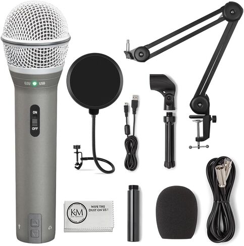 سامسون تكنولوجيز Q2U USB/XLR حزمة تسجيل الميكروفون الديناميكي والبودكاست | رمادي مع فلتر بوب + ذراع ميكروفون + قطعة قماش للتنظيف من الألياف الدقيقة (4 قطع) in Kuwait
