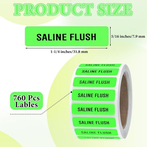 760 PCS Saline Flush Labels - 1-1/4" x 5/16" Permanent Paper Saline Flush Stickers, Fluorescent Green in Saudi Arabia