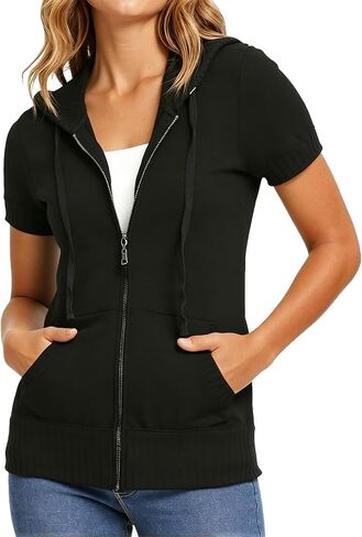 Women's Short Sleeve Zip Up Hoodie Casual Sweatshirts Drawstring Lightweight Thin Jackets with Pockets in Saudi Arabia