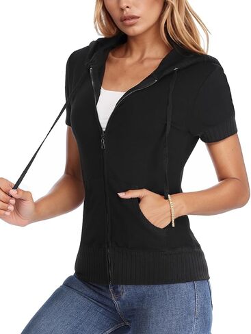 Women's Short Sleeve Zip Up Hoodie Casual Sweatshirts Drawstring Lightweight Thin Jackets with Pockets in Saudi Arabia