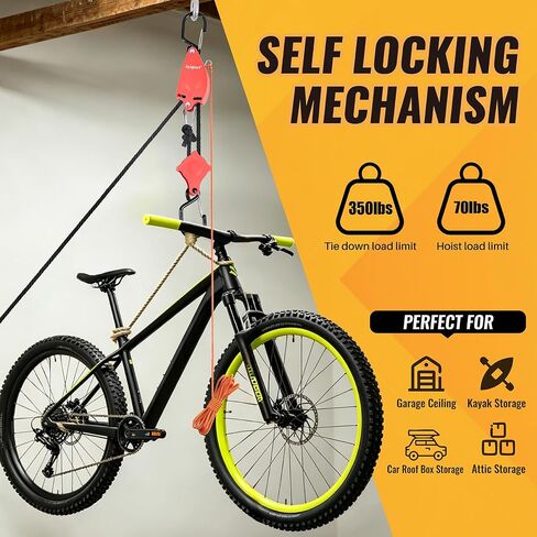 Ayaport Self Locking Block and Tackle Pulley System with 36' x 3/8" Rope, Hoist Limit 70LBS, Tie Down Limit 350LBS Rope Hoist Hanger for Bike, Kayak, Deer Hunting Garage Storage Gear,1 Pack in Kuwait