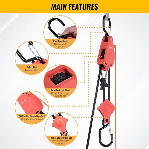 Ayaport Self Locking Block and Tackle Pulley System with 36' x 3/8" Rope, Hoist Limit 70LBS, Tie Down Limit 350LBS Rope Hoist Hanger for Bike, Kayak, Deer Hunting Garage Storage Gear,1 Pack in Kuwait