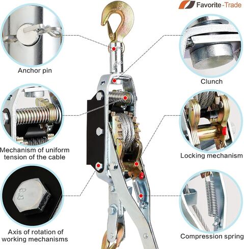 Come Along Winch 5 Ton (11,023 lbs) Manual Cable Puller, Heavy Duty Power Puller with Dual Gear, 10 ft Steel Cable, 3 Hooks - Hand Winch for Vehicle Recovery, Fence Stretching (Silver) in Kuwait