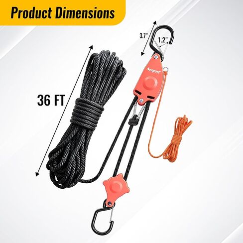Ayaport Self Locking Block and Tackle Pulley System with 36' x 3/8" Rope, Hoist Limit 70LBS, Tie Down Limit 350LBS Rope Hoist Hanger for Bike, Kayak, Deer Hunting Garage Storage Gear,1 Pack in Kuwait