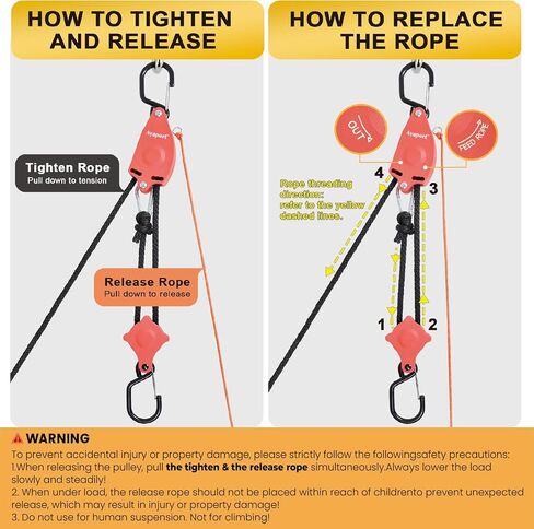 Ayaport Self Locking Block and Tackle Pulley System with 36' x 3/8" Rope, Hoist Limit 70LBS, Tie Down Limit 350LBS Rope Hoist Hanger for Bike, Kayak, Deer Hunting Garage Storage Gear,1 Pack in Kuwait
