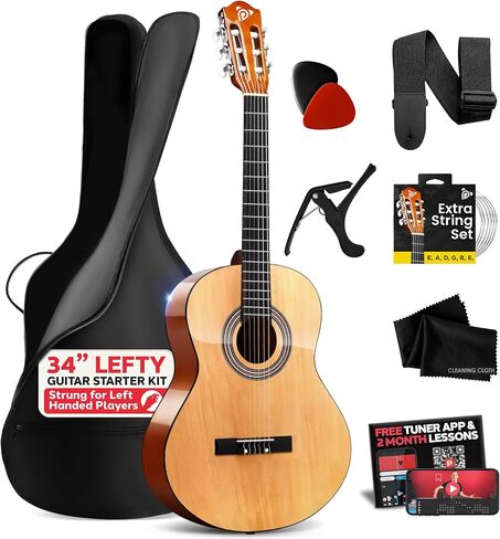 Pyle Left Handed Beginner Acoustic Guitar Kit, 1/2 Junior Size All Wood Build Nylon String Instrument with Capo, Strap, Extra String Set, Gig Bag, Guitars for Beginners Adults Youth, 34" Natural Gloss in Kuwait