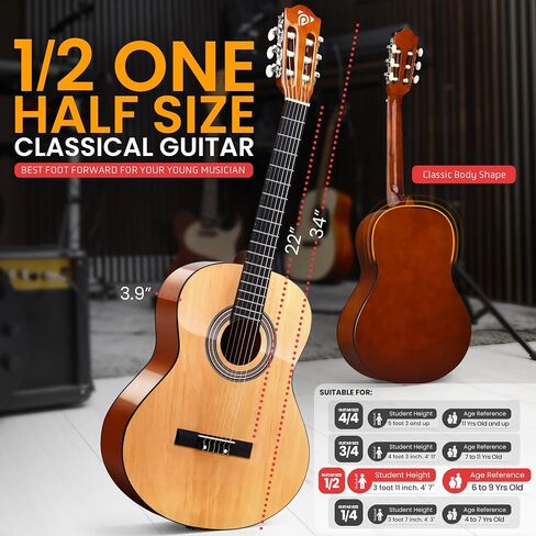 Pyle Left Handed Beginner Acoustic Guitar Kit, 1/2 Junior Size All Wood Build Nylon String Instrument with Capo, Strap, Extra String Set, Gig Bag, Guitars for Beginners Adults Youth, 34" Natural Gloss in Kuwait