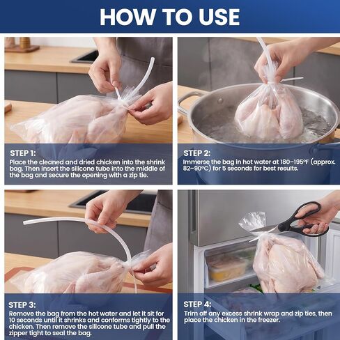 Poultry Shrink Bags Kit, 100 Pack 13 x 18 Inch Chicken Shrink Bags, Meat Shrink Wrap Bags for Freezer, Turkey, Duck, Rabbit, Includes 100 Zip Ties and 2 Silicone Straws in Kuwait