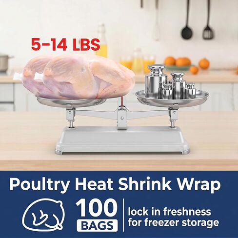 Poultry Shrink Bags Kit, 100 Pack 13 x 18 Inch Chicken Shrink Bags, Meat Shrink Wrap Bags for Freezer, Turkey, Duck, Rabbit, Includes 100 Zip Ties and 2 Silicone Straws in Kuwait