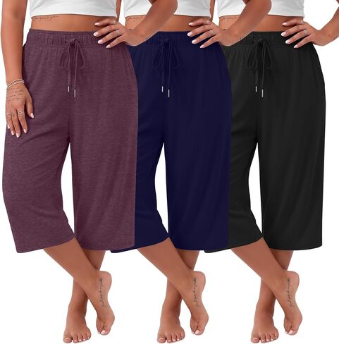3 Pack Women's Plus Size Capris Loose Fit Wide Leg Yoga Cropped Pants Lounge Workout Sweatpant with Pockets in Kuwait