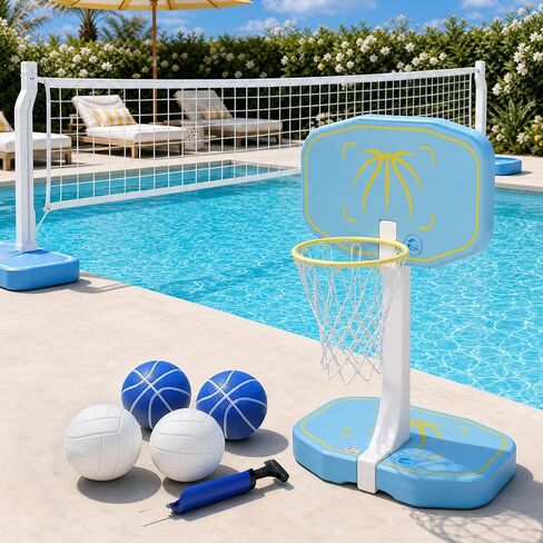 Pool Basketball Hoop&Pool Volleyball Net 2-in-1 52" Height Pool Set,Inground Pool Volleyball Net or Pool Basketball Hoop Poolside Combo for Summer Party Games,Includes 4 Balls in Kuwait