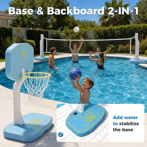 Pool Basketball Hoop&Pool Volleyball Net 2-in-1 52" Height Pool Set,Inground Pool Volleyball Net or Pool Basketball Hoop Poolside Combo for Summer Party Games,Includes 4 Balls in Kuwait