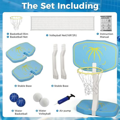 Pool Basketball Hoop&Pool Volleyball Net 2-in-1 52" Height Pool Set,Inground Pool Volleyball Net or Pool Basketball Hoop Poolside Combo for Summer Party Games,Includes 4 Balls in Kuwait