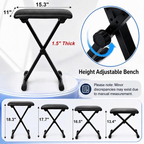 Keyboard Bench X-Style Padded Cushion, 13-18 in Height Adjustable Piano Stool, Collapsible Portable Keyboard Chair Seat with 1.5" Soft Cushion, 4-Position Height, for Piano Guitar, Black in Kuwait