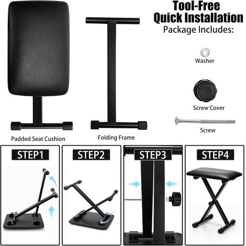Keyboard Bench X-Style Padded Cushion, 13-18 in Height Adjustable Piano Stool, Collapsible Portable Keyboard Chair Seat with 1.5" Soft Cushion, 4-Position Height, for Piano Guitar, Black in Kuwait