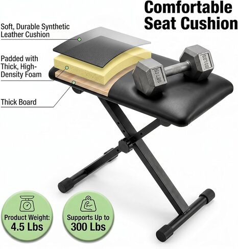 Keyboard Bench X-Style Padded Cushion, 13-18 in Height Adjustable Piano Stool, Collapsible Portable Keyboard Chair Seat with 1.5" Soft Cushion, 4-Position Height, for Piano Guitar, Black in Kuwait