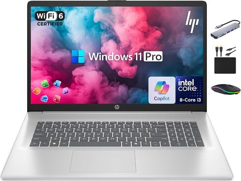 كمبيوتر محمول HP 17 2025 Business Student، مساعد AI، كمبيوتر 17.3 بوصة HD+، وحدة معالجة مركزية Intel i3 ثمانية النواة، ذاكرة وصول عشوائي 16 جيجابايت، تخزين 1 تيرابايت (512 جيجابايت SSD + 500 جيجابايت تحويلة)، Wi-Fi 6، MarxsolAccessory، Lifetime Office 202 in Kuwait