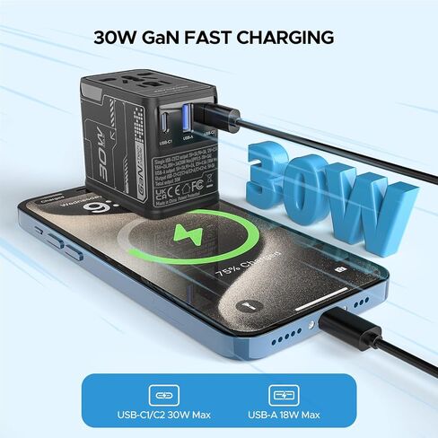 محول السفر العالمي، محول الطاقة الدولي GaN بقدرة 20 وات مع 2 USB C و1 USB A، محول قابس السفر الكل في واحد، محول شاحن حائط بمنفذ عالمي لدول الاتحاد الأوروبي والولايات المتحدة والمملكة المتحدة والاتحاد الأفريقي لأكثر من 200 دولة. in Kuwait