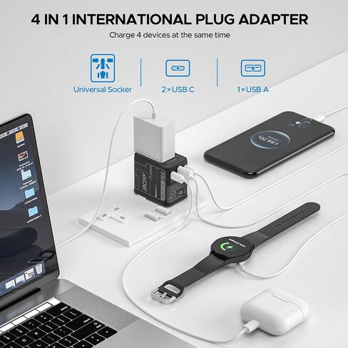 محول السفر العالمي، محول الطاقة الدولي GaN بقدرة 20 وات مع 2 USB C و1 USB A، محول قابس السفر الكل في واحد، محول شاحن حائط بمنفذ عالمي لدول الاتحاد الأوروبي والولايات المتحدة والمملكة المتحدة والاتحاد الأفريقي لأكثر من 200 دولة. in Kuwait