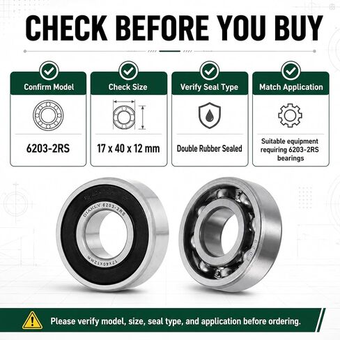 6203-2RS Ball Bearing 17x40x12mm - Double Rubber Sealed & Pre-Lubricated - Replaces Troy-Bilt 741-0600, MTD, John Deere GX20818, Murray 12325MA, Toro 100-1048 (2-Pack) in Kuwait