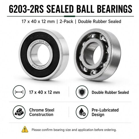 6203-2RS Ball Bearing 17x40x12mm - Double Rubber Sealed & Pre-Lubricated - Replaces Troy-Bilt 741-0600, MTD, John Deere GX20818, Murray 12325MA, Toro 100-1048 (2-Pack) in Kuwait