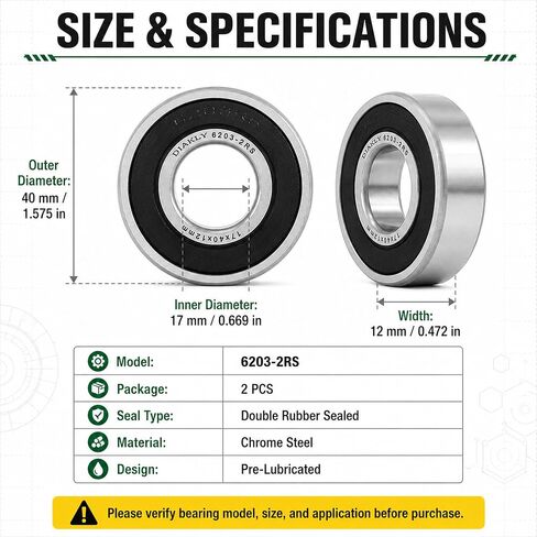 6203-2RS Ball Bearing 17x40x12mm - Double Rubber Sealed & Pre-Lubricated - Replaces Troy-Bilt 741-0600, MTD, John Deere GX20818, Murray 12325MA, Toro 100-1048 (2-Pack) in Kuwait