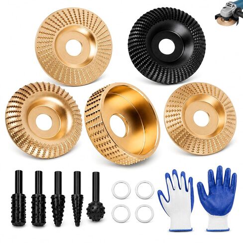 15PCS Wood Carving Disc Set for 4" & 4.5" Angle Grinders, Carbon Steel Wood Grinding Wheels with 5 Rotary Burr Grinding Heads, 7/8" Arbor, 5/8" Reducing Bushings and Protective in Kuwait