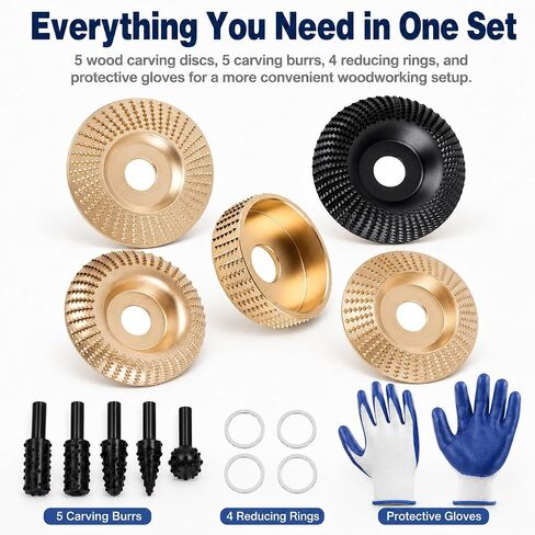 15PCS Wood Carving Disc Set for 4" & 4.5" Angle Grinders, Carbon Steel Wood Grinding Wheels with 5 Rotary Burr Grinding Heads, 7/8" Arbor, 5/8" Reducing Bushings and Protective in Kuwait