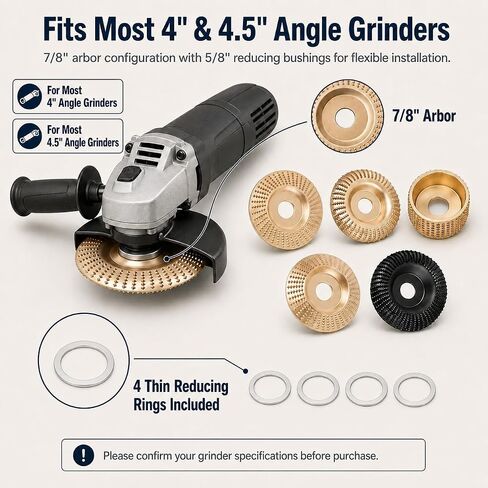15PCS Wood Carving Disc Set for 4" & 4.5" Angle Grinders, Carbon Steel Wood Grinding Wheels with 5 Rotary Burr Grinding Heads, 7/8" Arbor, 5/8" Reducing Bushings and Protective in Kuwait