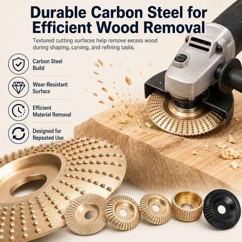 15PCS Wood Carving Disc Set for 4" & 4.5" Angle Grinders, Carbon Steel Wood Grinding Wheels with 5 Rotary Burr Grinding Heads, 7/8" Arbor, 5/8" Reducing Bushings and Protective in Kuwait