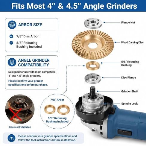 15PCS Wood Carving Disc Set for 4" & 4.5" Angle Grinders, Carbon Steel Wood Grinding Wheels with 5 Rotary Burr Grinding Heads, 7/8" Arbor, 5/8" Reducing Bushings and Protective in Kuwait