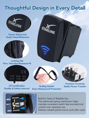 Starlink Rocker Switch, Aluminum Mounting Panel Included, Compatible with Starlink MINI & Gen 1/2/3, IP68 Waterproof 5-Pin SPST On/Off Toggle Switch, 20A 12V/24V with Jumper Wires for RV, Marine(Blue) in Kuwait