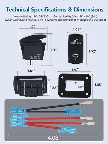 Starlink Rocker Switch, Aluminum Mounting Panel Included, Compatible with Starlink MINI & Gen 1/2/3, IP68 Waterproof 5-Pin SPST On/Off Toggle Switch, 20A 12V/24V with Jumper Wires for RV, Marine(Blue) in Kuwait