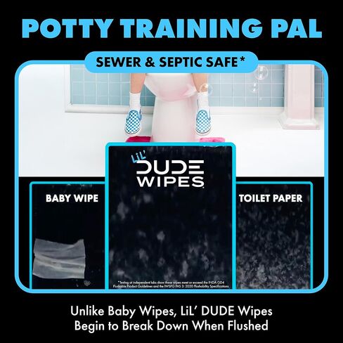 DUDE Wipes LiL' DUDE Flushable Water Wipes for Toddlers - Potty Training Toilet Safe (unlike nonflushable baby wipes) - 99% Water, Hypoallergenic for Sensitive Skin - Unscented, 4 Pack (168 Count) in Saudi Arabia