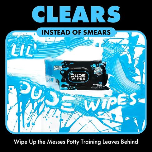 DUDE Wipes LiL' DUDE Flushable Water Wipes for Toddlers - Potty Training Toilet Safe (unlike nonflushable baby wipes) - 99% Water, Hypoallergenic for Sensitive Skin - Unscented, 4 Pack (168 Count) in Saudi Arabia