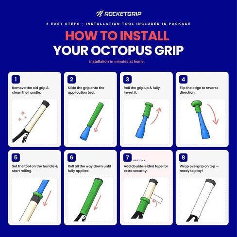 ROCKETGRIP Octopus Tennis Racket Grip with Applicator (2-Pack) – Soft Silicone Tennis Grip – Cushioned, Sweat-Resistant Tennis Equipment – Vibration Dampening Tennis Accessories (Red) in Kuwait