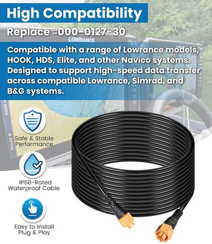 25' Ethernet Cable Compatible with Lowrance Fishfinder/Chartplotter Networks, Replace ‎000-0127-30 in Kuwait