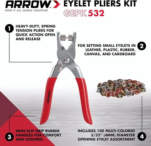 Arrow GEPK532 Eyelet Tool Kit, Hole Punch Pliers for Fabric, Leather, Canvas, Includes 100 Eyelets, 5/32-Inch, Gold,silver in Kuwait