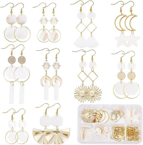 Sunnyclue 1 Box 10 Pairs Diy Shell arics Make Starter Kit Seashell Charms Sun Moon Star Charms Heysdrop Beads for Jewelry Making Kits Beginner Women Supplies ، Gold Craft Supplies in Kuwait