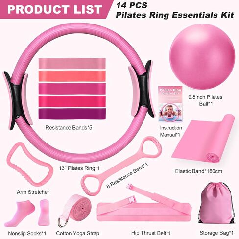 Pilates Kit, Pilates Equipment for Home Workout, Pilates Set for Women with 13'' Pilates Ring and Ball, Hip Thrust Belt, Resistance Bands & Grip Socks Accessories for Starters Home Fitness in Kuwait