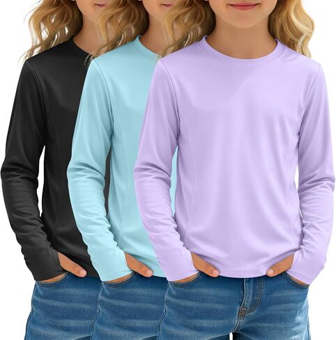 3 قطع من قميص السباحة بأكمام طويلة للفتيات من Rash Guard بعامل حماية من أشعة الشمس فوق البنفسجية 50+، تي شيرت سريع الجفاف مع فتحات إبهام 5-14 سنة in Kuwait