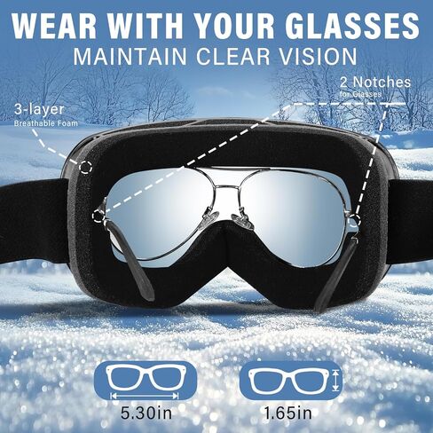 نظارات تزلج فضية مع حقيبة تخزين وحقيبة - نظارات التزلج على الجليد للرجال والنساء والشباب، حماية 100% من الأشعة فوق البنفسجية/مضادة للضباب in Kuwait